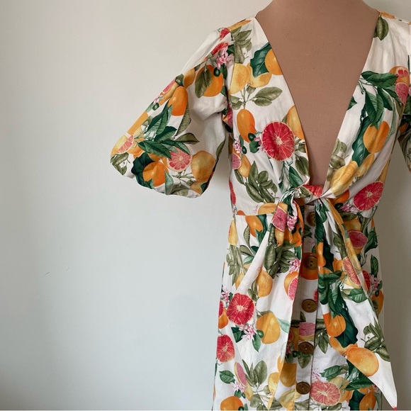 CARA CARA Georgica Puff-Sleeve Tie Front Grapefruit Citrus Print Dress EUX Sz 2 - Picture 6 of 8